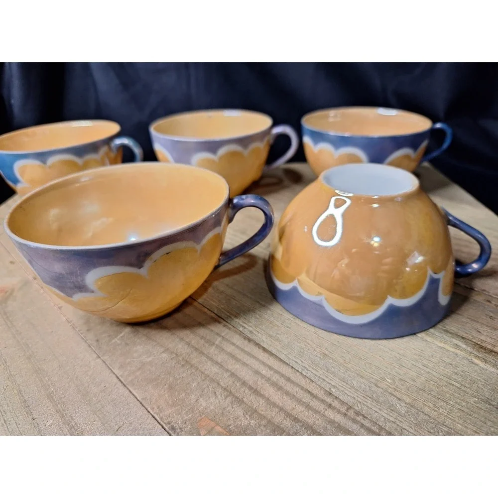 Vintage Japanese Lusterware Teacups Set of 5 Peach‎ Blue Iridescent Art Deco